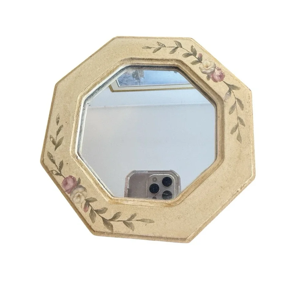 Vintage Wood Framed Wall Mirror Hexagon Farmhouse‎ Cottage Decor roses off white